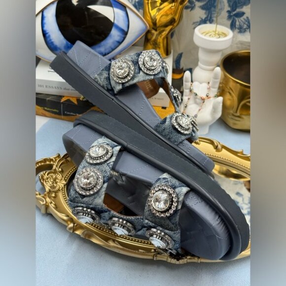 🆕 KURT GEIGER LONDON 🧿 NWOB Orson Crystal Sandal, Denim Wash - Sz EU38.5 US 8 - Picture 9 of 13